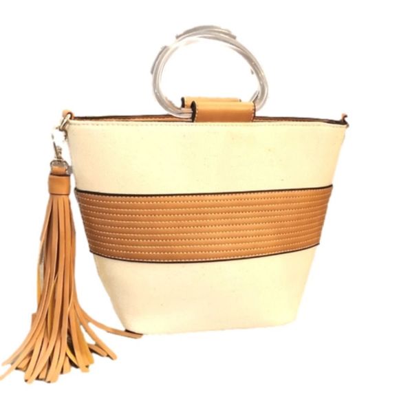 𝅺NWOT Womens Cognac & Cream convertible crossbody/handbag with  lucite handles - Picture 1 of 14